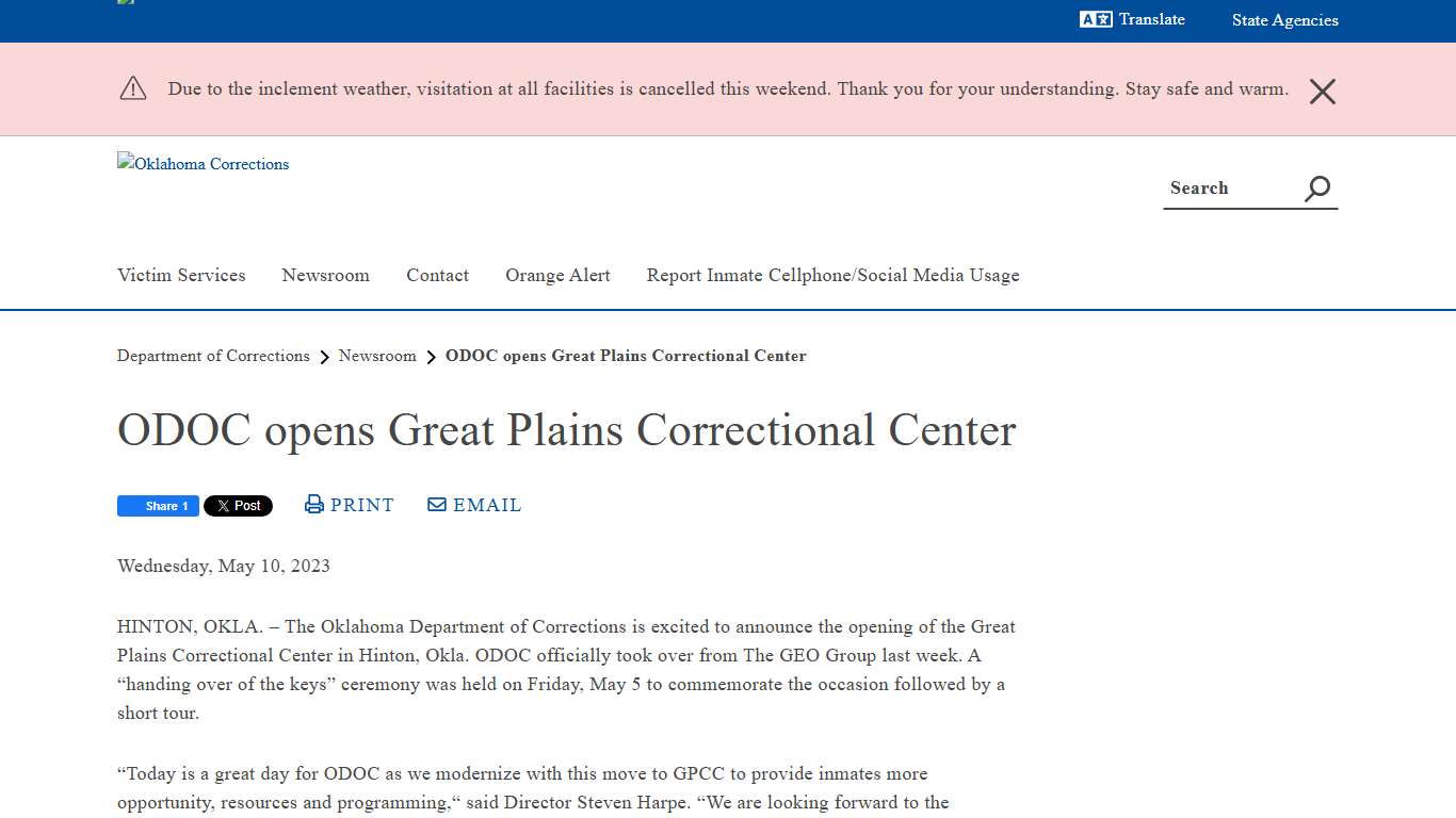 ODOC opens Great Plains Correctional Center