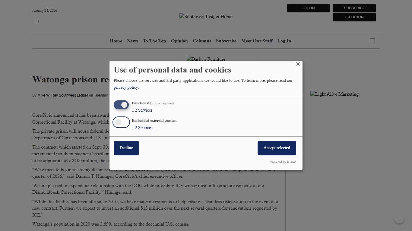 Watonga prison reopening to house federal ICE detainees Southwest Ledger